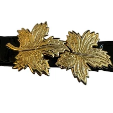 Douglas Paquette Gold-Tone Leaf Buckle Black Patent Belt Adjustable VTG Leaves