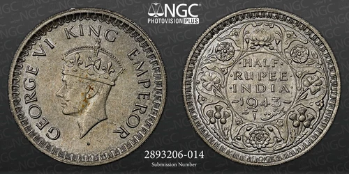 British India 1943(B) INDIA DOT MINTMARK 1/2R NGC MS 62