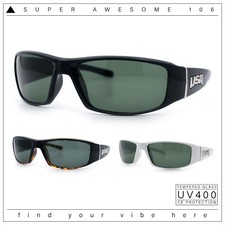 Patriotic USA Logo Arm Tempered Glass Lens Manly Wrap Biker Sunglasses