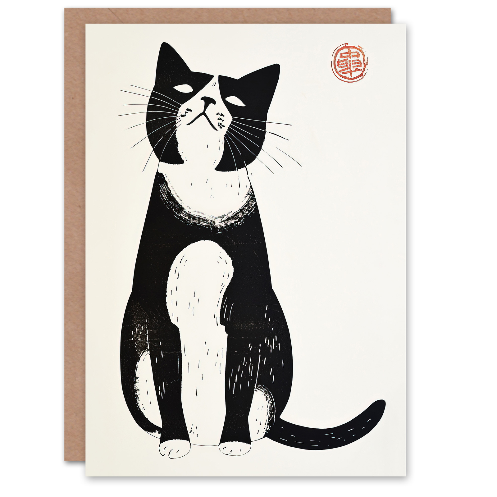 Greeting Card Cat Lover Black White Pet Japanese Woodblock Birthday