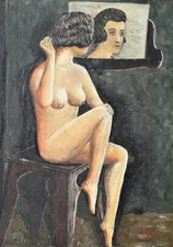 Unknown Signed "Greffe" / Painting Oil on Wood Sitting Nude with Mirror