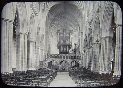 Glas Magische Laterne Dia EXETER KATHEDRALE DAS SCHIFF UM 1890 FOTO ENGLAND DEVON