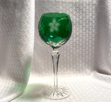 AJKA GRAPES WINE GLASS CASED EMERALD GREEN CUT TO CLEAR CRYSTAL BOHEMIAN HUNGARY