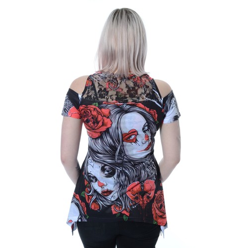 Vixxsin Twin Heart Sugar Skull Roses Cold Shoulder Lace Top Tattoo Goth Biker - Picture 2 of 2