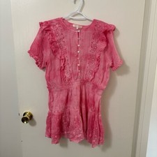 love Shack Fancy Natasha Eyelet Pink smocked mini dress size XL