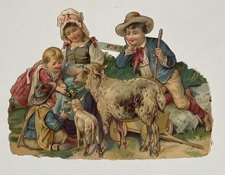 Oblaten Glanzbild scrap Kinder 12 4cm Schaf Lamm Hirte no. 820 Knabe Mädchen