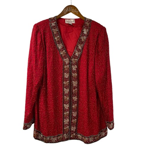 Laurence Kazar New York Red Beaded Jacket Christmas Bows 1X Silk