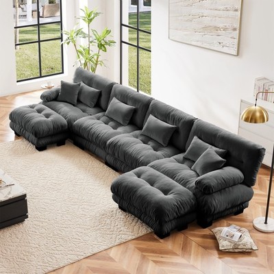 U-Shaped Sectional Sofa, 4-Seater Cloud Couch w/ 2 Gray Chenille Ottomans