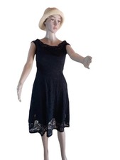WOMEN'S BLACK OFF SHOULDER FIT&FLARE LACE MIDI DRESS SHORT PUFF SLEEVE WITH BRA