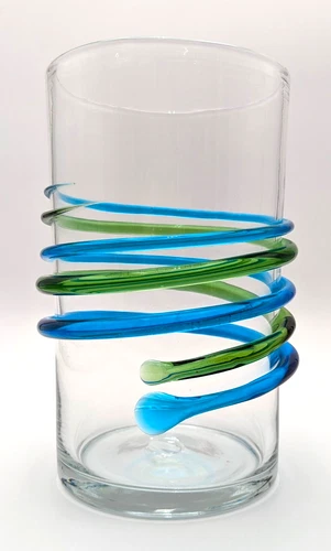 Vintage Blenko Joel Myers Green & Blue Applied Coil Spiral Hand Blown Glass Vase