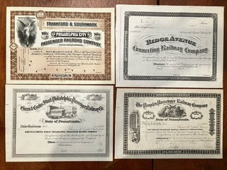 Eight Passenger trolley Stock Certificates from Philadelphia
