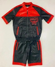 MCM Men’s Black Red Leather Short Sleeve Track Suit Set Zip Up Top & Shorts