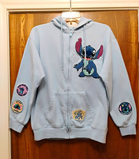 Disney Stitch Light Blue Full Zip Fleece Hoodie Embroidered Logo Women s M
