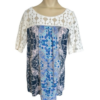 Anthropologie Akemi Kin Shirt Blouse Lace Women Medium Floral Cream Blue Boho