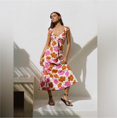 Sabo Kameiya Floral A-Line Midi Dress S V-Neck Cap Sleeve Cut Out Tie Back