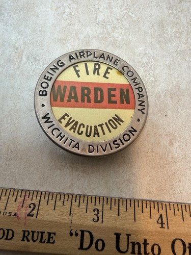 Original Vintage Boeing Airplane Co  Wichita Division Employee Fire Warden Badge