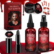4PCS Halloween Fake Blood Kit, 3 Kinds of Blood Black Lipstick Kit, Realistic Wa