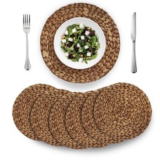 Brown Woven Placemats Round Set of 6, Natural Water Hyacinth Weave Placemat f...