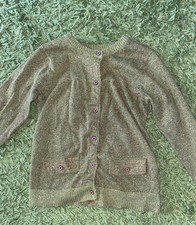 Girls green cardigan with gold stitching and floral buttons
