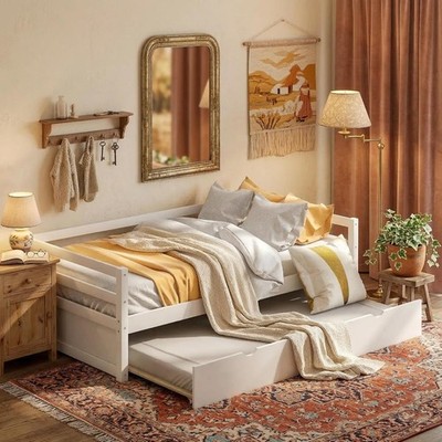 Twin Size Daybed with Trundle, Solid Wood Captains Bed Sofa Bed Frame, White