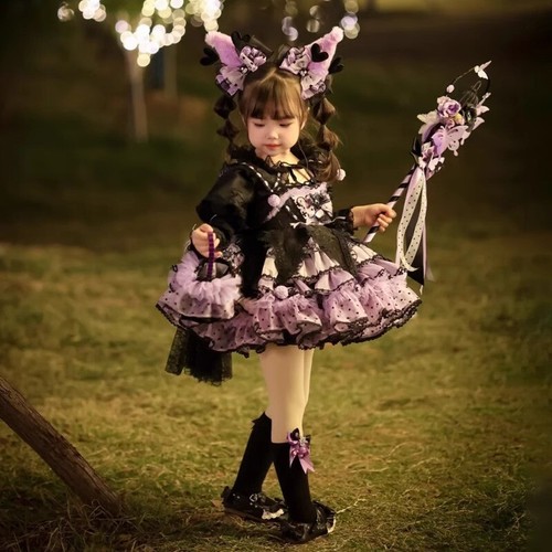 Kuromi Lolita Princess Dress Girl Lace Skirt Long Sleeve Kids Outfit TUTU Dress - Picture 2 of 10