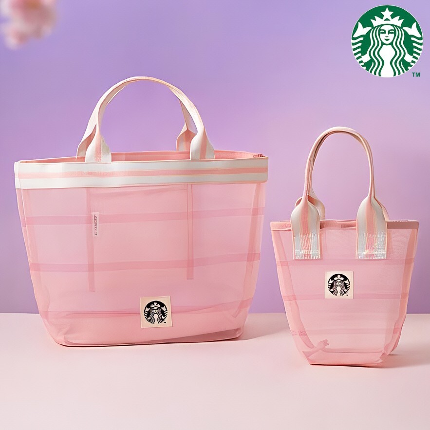 STARBUCKS Taiwan 2025 Cherry Blossom Pink Stripe Mesh Tumbler Bag