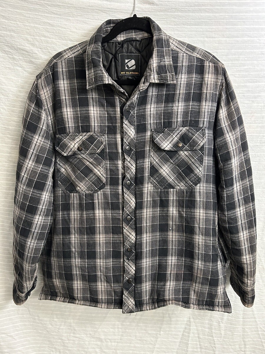 BC Men's Plaid Shirt Jacket Quilted Lining - Gray Plaid
