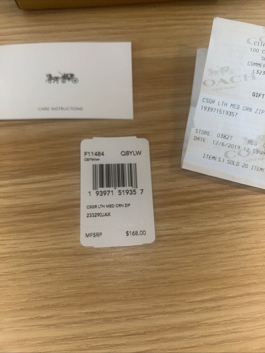 Coach Corner Zip Medium In Croosgrain Leather F11484 Wallet Yellow