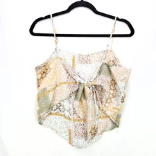 Pleione Halter Cropped Tank Top Back Tie Bow Floral Patchwork Size Small Satin