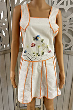 Vintage Apron Full Bib Hand Embroidered Flowers Peach Piping 50 