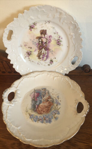 2 Antique Embossed Portrait Cake Plates Blue Flowers Pink Roses Victorian 9.25”D - Picture 1 of 13