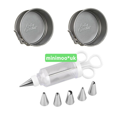 2x Spring Form Mini RUNDE Kuchenformen + Glasur Spritze Set + 6 Düsen Geschenk  