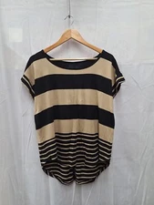 Cynthia Rowley Womens Black & Tan Striped Top With Short Sleeves & Back Button D