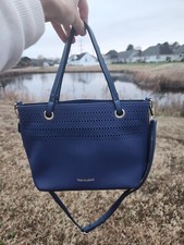 NAJ OLEARI navy blue perforated leather handbag longer strap rare find