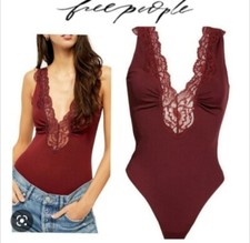 Free People First Call Stretch Jersey Lace Bodysuit Brown Size M Medium