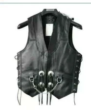Men's Motorcycle Club Leather Vest Concealed Carry Arms Solid Back