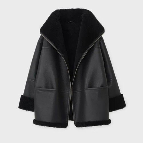 Women's Bomber Black B3 Aviator Flying Fur Leather Jacket Coat