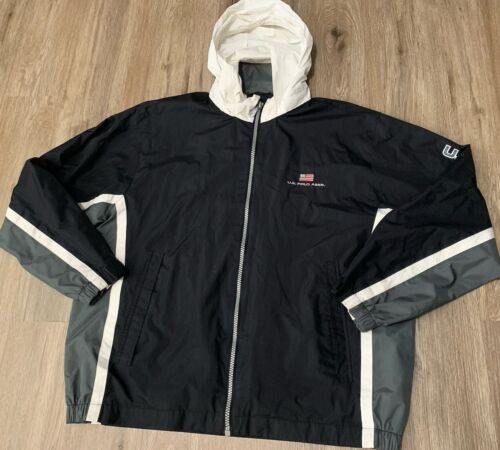 Vintage U.S. Polo Assn Jacket Windbreaker mesh Lined Men’s Sz XL Black Gray Hood