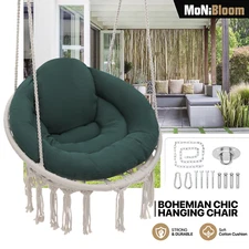 Patio Macrame Hammock Chair Garden Hanging Cotton Rope Swing Green Cushion Seat