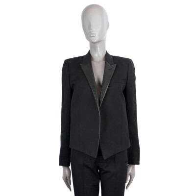 68787 auth SAINT LAURENT black wool 2014 LEATHER LAPEL