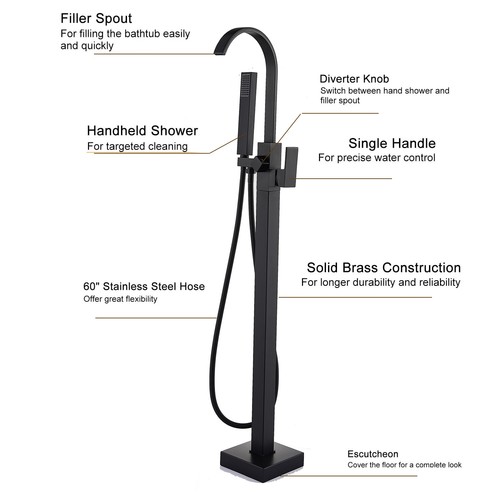Tub Filler Freestanding Bathtub Faucet Floor Mounted Bathroom with Hand Shower - Picture 23 of 132