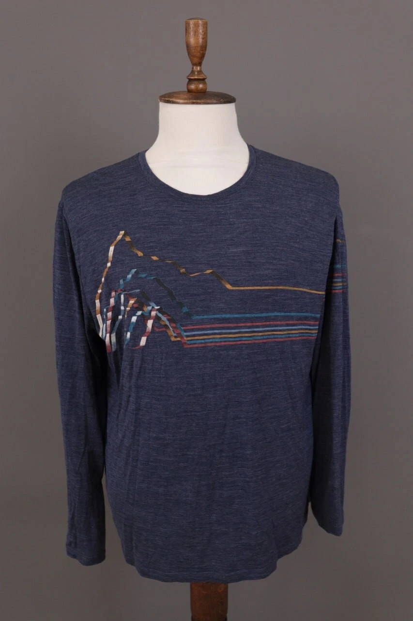 Icebreaker Merino Blue Striped Wool Crew Activewear Baselayer Shirt Size XL
