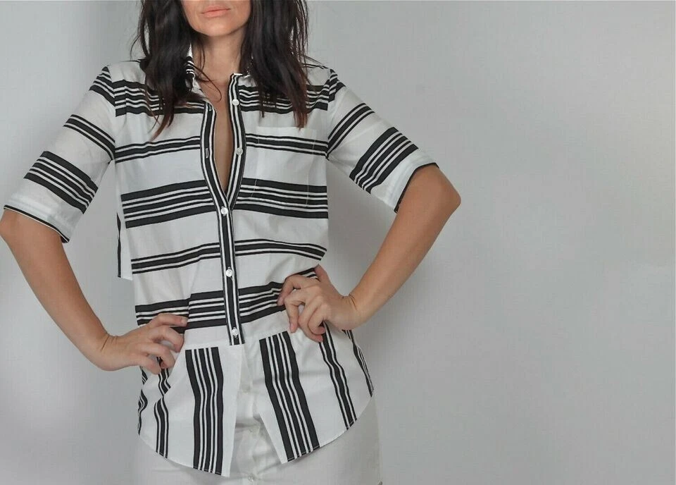 Mini Camisa Vestido Derek Lam 10 Crosby Blanco Rayas Manga Corta Algodón 4 Foto 2 de 4