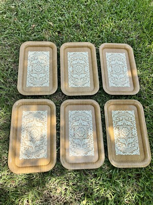 Vintage Retro MCM Metal Serving TV Snack Trays 14  x 8.75  Lace & Woodgrain Set