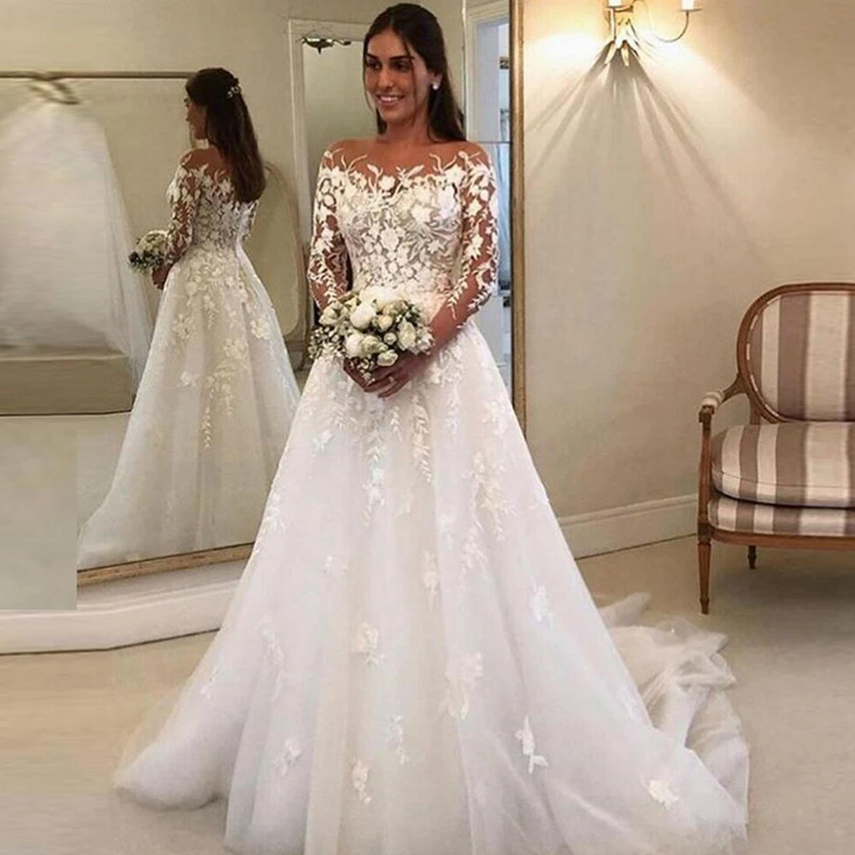 Elegantes vestidos de novia de princesa cuello redondo encaje mangas largas encaje vestidos de novia Foto 4 de 4