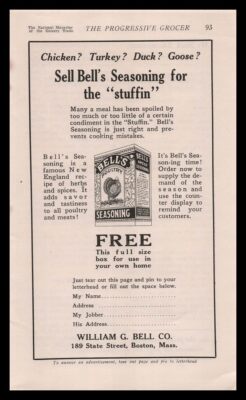 1926 William G. Bell Boston Poultry Seasoning Box Thanksgiving Stuffing Print Ad