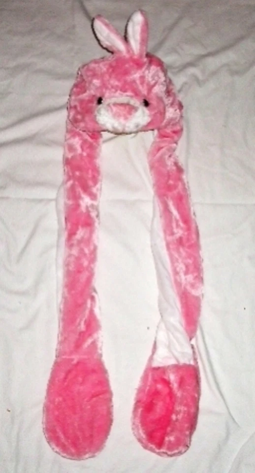 Pink Rabbit Bunny Peluche Animal Cabeza Esponjosa Orejeras Gorro Sombrero Bufanda Mitón 😃 Foto 2 de 4