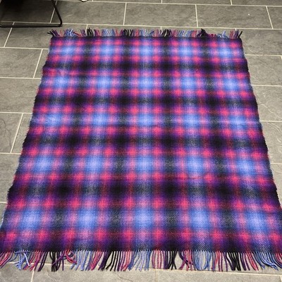Vtg Connemara Rug Foxford Plaid Wool Blanket Throw 64X59 Blue Pink
