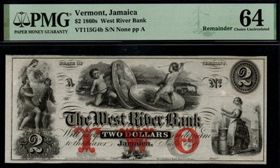186x $2 The WEST RIVER BANK, JAMAICA, VT  PMG CHOICE UNC 64 Broken Banknote!