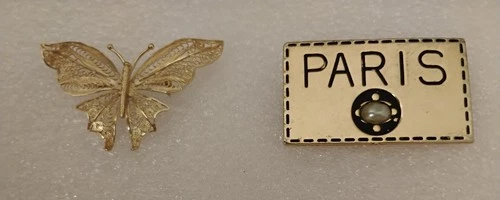 Vintage Butterfly Pin & Paris Brooch Set - Costume Jewelry